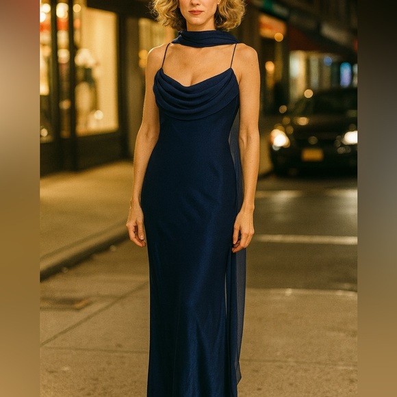 Reformation Dresses & Skirts - Blue Satin Maxi Dress With Scarf Sz XL Cobalt / Navy Vtg Y2K